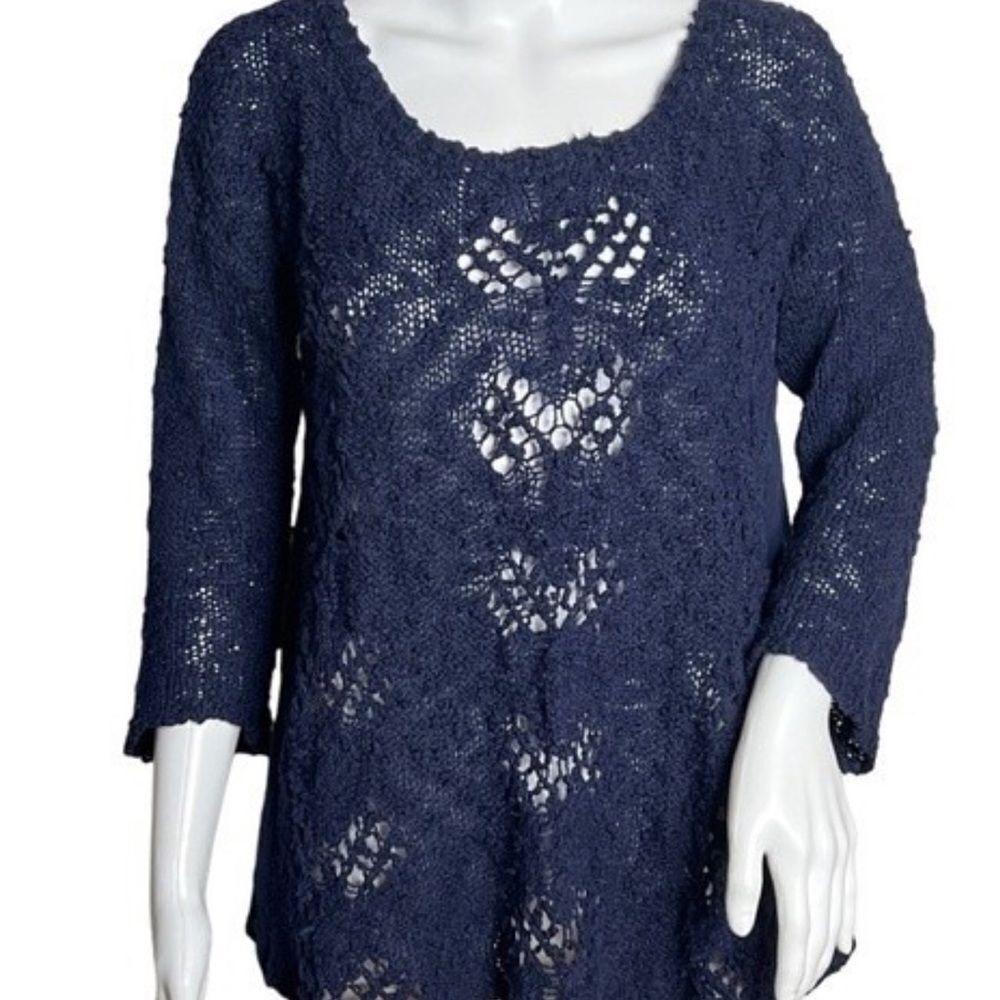 Anthropologie Knitted & Knotted Open Knit Sweater Blue Sheer Chiffon Sides 3/4 M